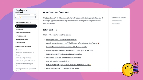 Hugging Face AI Cookbook - Practical Notebooks for building AI Applications - Flow Card Image